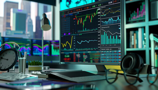 Modern Financial Trading Desk Setup with Stock Market Data