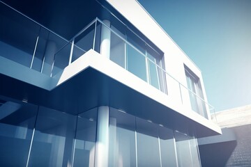 Obraz premium Close-up view of a modern house with sleek glass windows and minimalist architecture, featuring clean lines and a bright, airy feel under a clear blue sky