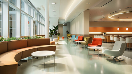 Showcase a modern hospital staff lounge with comfortable seating and amenities 