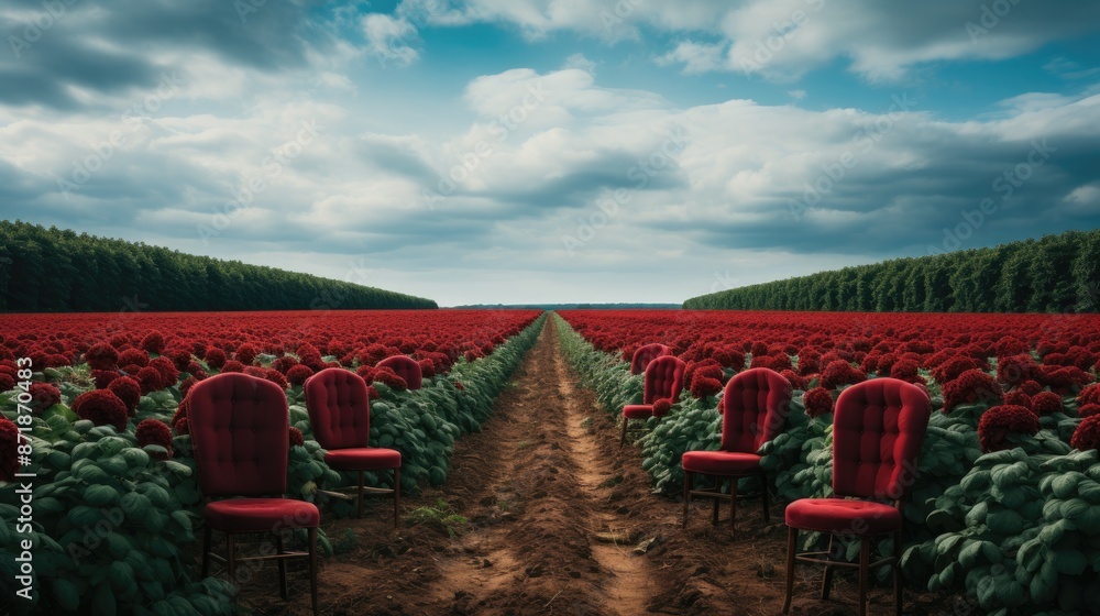 Poster a field of red flowers with rows of chairs in front of them.