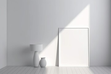 Fototapeta premium A minimalist interior design featuring an empty white frame leaning against a white wall, with a sleek white table lamp and a small white vase placed nearby. The scene is illuminated by soft