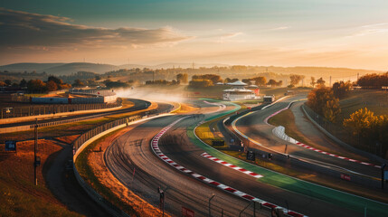 Obraz premium Hungary's main Formula 1 race course, Hungaroring, is situated in Mogyorod. The track looks particularly stunning in the soft lighting of an autumn morning.