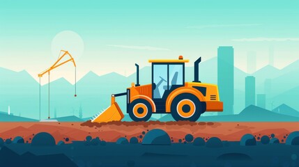 Illustration of a heavy construction vehicle at a construction site with mountains and city skyline in the background.