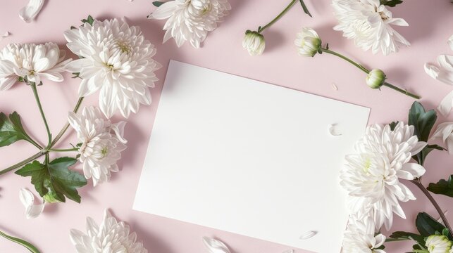 Mockup of a greeting card with white Matiola and chrysanthemum flowers