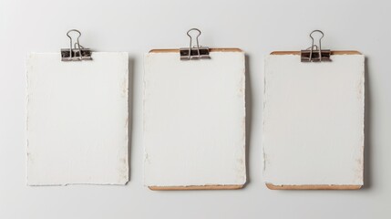 Vintage white paper cards with clip on white background for message placement