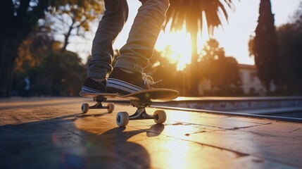 Skateboarder Standing On Ramp Preparing For Trick In Outdoor Skatepark With Warm Light Highlighting Sport And Movement