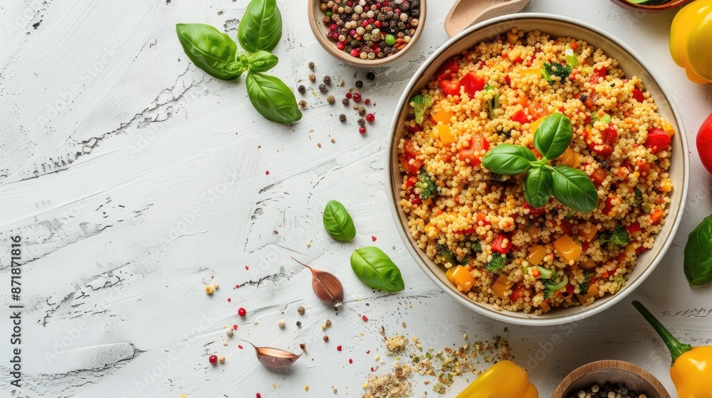 Poster delicious couscous with veggies on white table top view with space for text