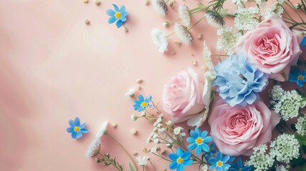 Greeting card for a birthday or Mother's Day. Birthday card with flowers, petals, daisies and roses. Copyspace for your own text.