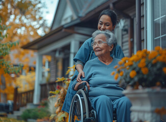 Young nurse taking take about old woman in retirement house.