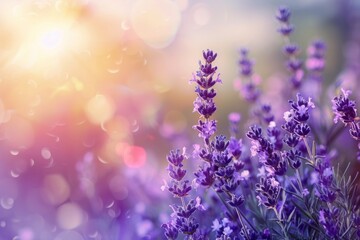 Lavender blooms swaying in a field, with a softly blurred background of a sunlit meadow.