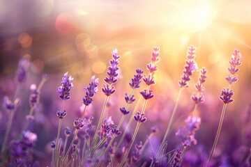 Obraz premium Lavender blooms swaying in a field, with a softly blurred background of a sunlit meadow.