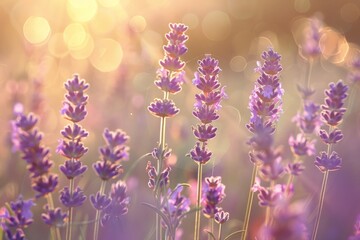 Obraz premium Lavender blooms swaying in a field, with a softly blurred background of a sunlit meadow.