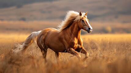 Obraz premium Golden Palomino Horse Running Through a Field of Tall Grass at Sunset