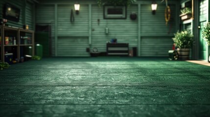 Forest green rubber tiles in a garage, enhancing the ambiance with a natural and calming color