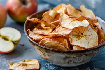 Bowl of dried apple chips Selective focus