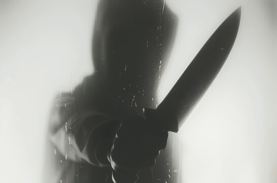 A shadowy figure is seen through a wet glass panel, holding a large knife. The figure is wearing a hooded garment and is partially obscured by the water droplets on the glass.