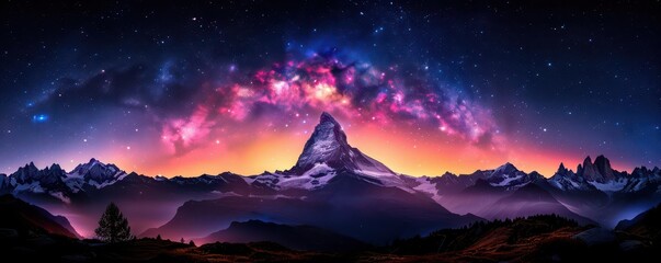 Obraz premium Starry night sky over majestic mountains, with the Milky Way arching across the horizon, perfect for illustrating the aweinspiring beauty of the cosmos and rugged landscape