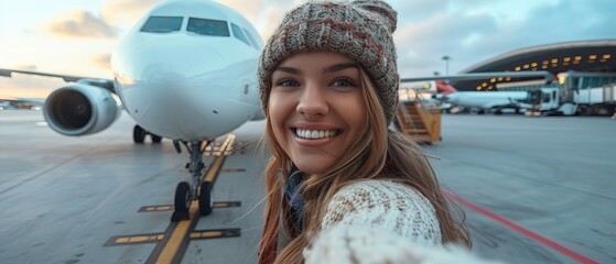 woman in the airport taking a selfie with an airplane behind