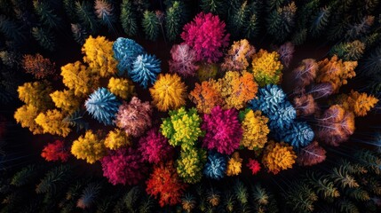 Stunning aerial shot of a vibrant autumn forest, with a patchwork of colorful trees and rolling hills, ideal for illustrating seasonal change and the majesty of nature