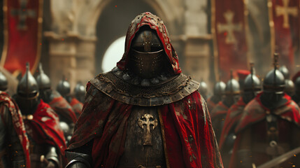 Templar knight wearing an armor with a red cape and a hood,, medieval times with an army, castle village or town background