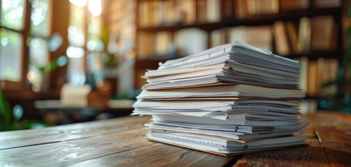 Stack of documents on a wooden desk in a cozy, well-lit library with bookshelves in the background, creating a warm, scholarly atmosphere.