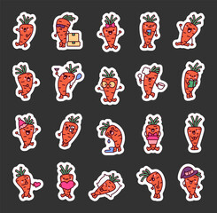 Cheerful carrot character. Sticker Bookmark. Cute cartoon vegetable. Hand drawn style. Vector drawing. Collection of design elements.