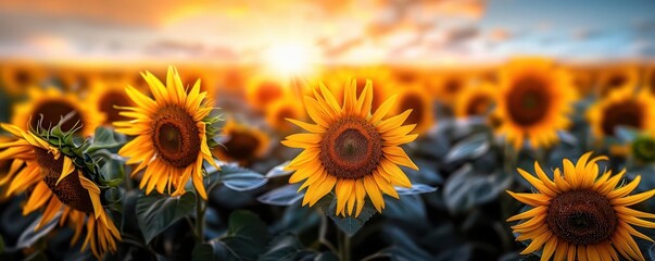 Obraz premium Vast field of sunflowers in full bloom, stretching towards the horizon under a bright blue sky, perfect for capturing the vibrant beauty and cheerfulness of nature