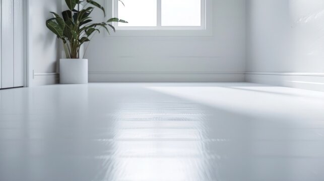 Bright white rubber flooring in a minimalist basement, reflecting cleanliness and simplicity in design