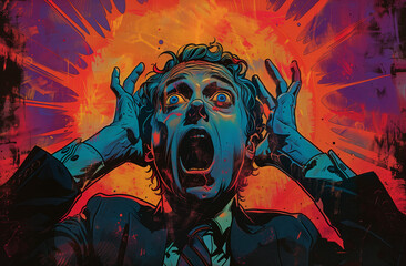 Digital Art Illustration of a Man Screaming in Terror With Red and Yellow Background. He appears to be surrounded by a vibrant red and yellow background that suggests chaos and danger.