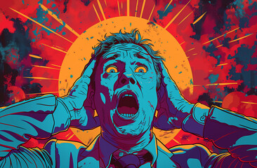A man with blue skin and a shocked expression screams with his hands pressed to his ears. His facial expression is one of extreme fear and distress. He appears to be surrounded by a vibrant red.