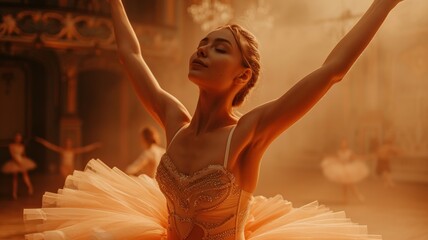 Fototapeta premium Young Ballerina in a Dusty, Golden-Lit Theater Studio, Arms Raised in a Graceful Pose, Wearing a Pale Pink Tulle Tutu with Sequins