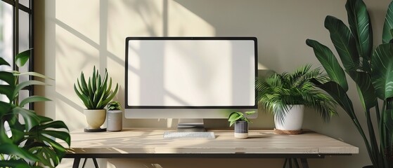 Mockup of computer monitor on desk in contemporary minimalist home office with plants
