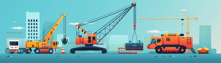 Illustration of construction site with heavy machinery, cranes, and buildings. Ideal for industry, engineering, and construction projects.