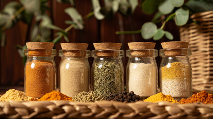 Basic Ingredients: Essential items like flour, sugar, salt, cooking oil, and spices, organized for easy access during meal preparation.
