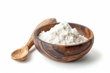 Close up of tapioca starch in wooden bowl and spoon on white background