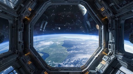 view window planets space station ship spaceship spacecraft air lock footed shuttle exploration module planet earth globe indoor interior alien rocket satellite.