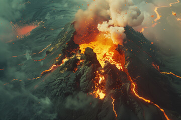 Aerial view of a volcano erupting. Eruption with lava and ash clouds. Climate nature mountain adventure.