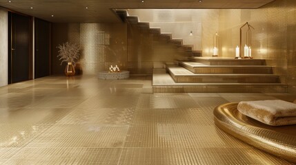 Champagne gold rubber tiles in a basement, offering a luxurious and refined aesthetic for a special occasion room