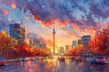 Artistic landscape watercolor painting