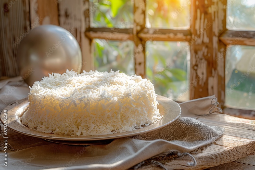 Poster Closeup of a tasty homemade coconut cake with chips on a rustic wooden table in the morning perfect with coffee