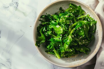 Closeup of delicious seaweed salad in bowl on white marble table