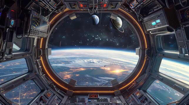 view window planets space station ship spaceship spacecraft air lock footed shuttle exploration module planet earth globe indoor interior alien rocket satellite.