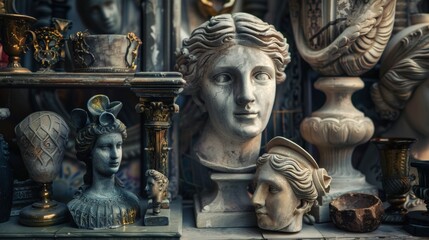 Fototapeta premium Antique sculptures and artifacts in a vintage collection