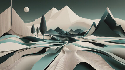 An abstract artwork that combines geometric forms and fluid lines, emphasizing new perspectives in visual art, A surreal landscape where natural elements like trees and mountains are depicted with uni