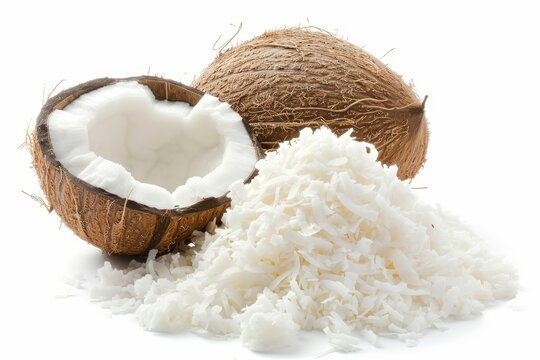 Coconut half and shredded coconut on white background