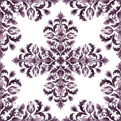 Azulejo floral pattern. A bouquet of flowers in the form of a symmetrical pattern on a white background. Purple frame for tiles, pillows, wallpaper, towels, interior decor.