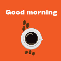 cup of coffee good morning grain text on orange background,