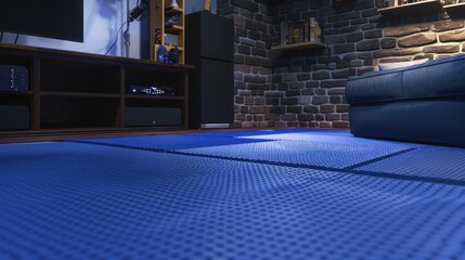 Sapphire blue rubber mats in a basement gaming room, adding depth and vibrancy to the entertainment space