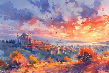 Watercolor painting of an ancient city skyline with mosque minarets at sunset, vibrant orange and purple sky, autumn trees, distant water, artistic landscape illustration