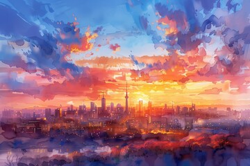 Abstract colorful cityscape watercolor painting